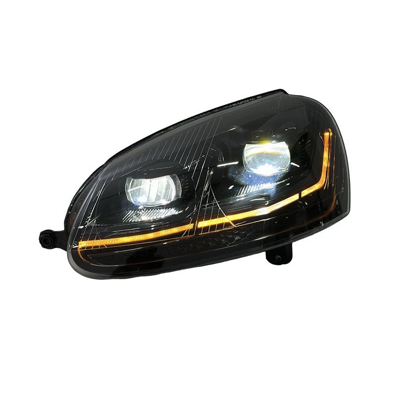 Vekto dual-color smoked LED headlights for Volkswagen Golf Mk5 2006-2010, showing sleek smoked lens and bright LED accents.