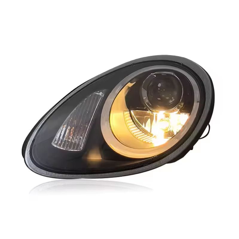 Vekto 987 Style LED headlights for Porsche Cayenne 2010-2017, showcasing the sleek headlight design with bright illumination.