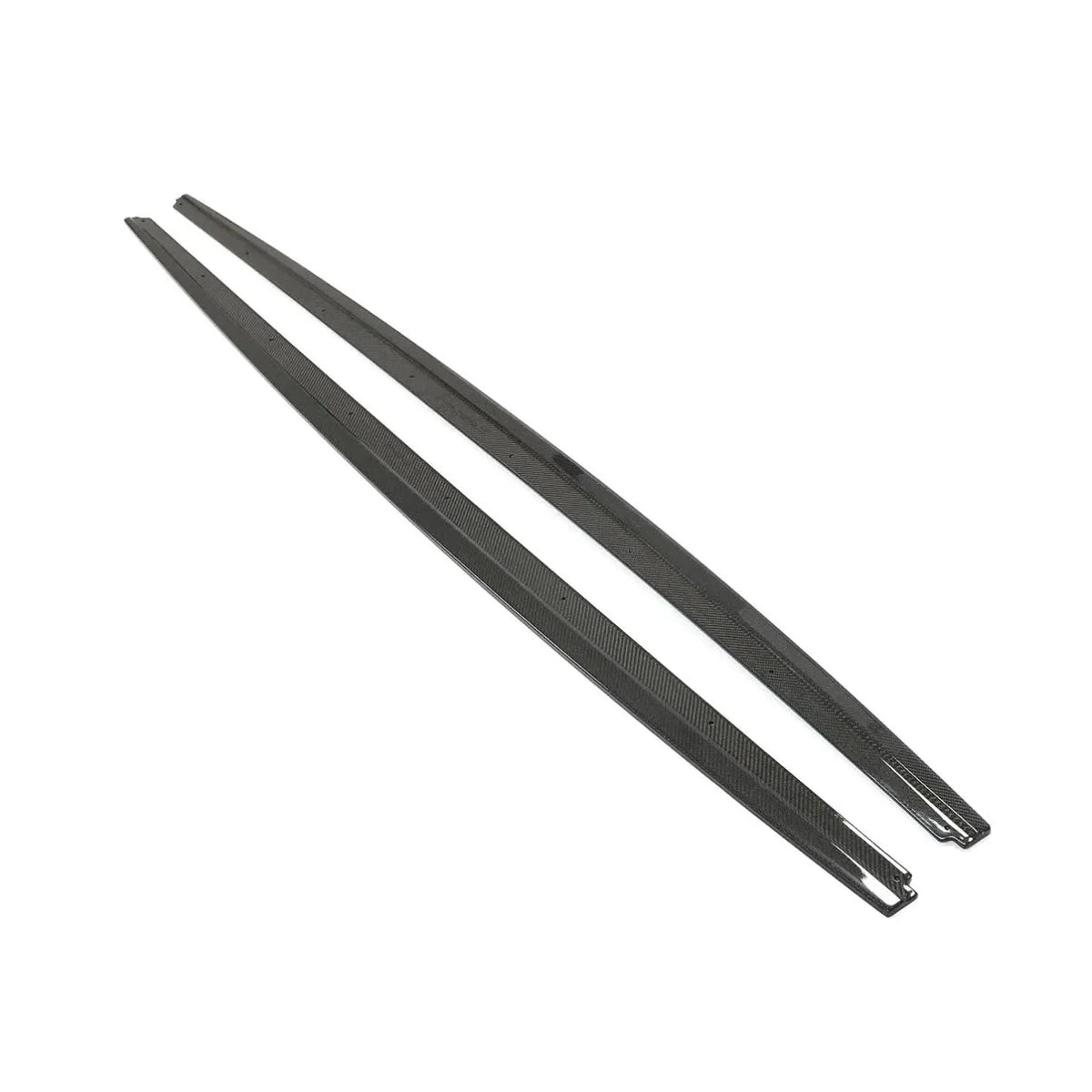 Carbon fiber side skirts for BMW F10 M5 and M Sport, K2 Industries performance side extensions, showcasing sleek carbon fiber design.