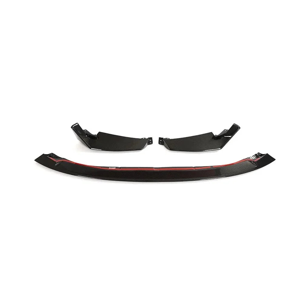 K2 Industries dry carbon fiber CSL style front splitter for BMW G80 M3 and G82/G83 M4, three-piece aerodynamic lips and splitter