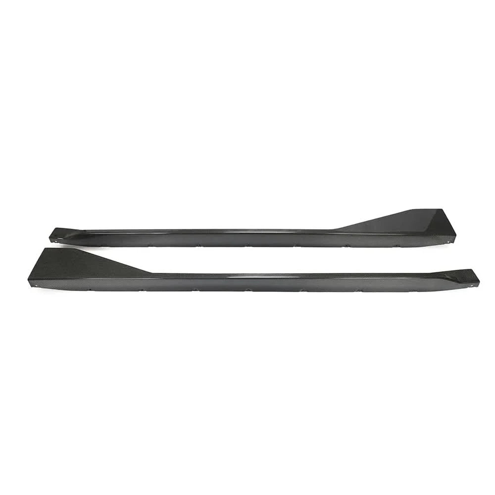 Carbon fiber side skirt extensions for BMW G82 G83 M4 2021+ by K2 Industries, showing sleek, aerodynamic design on the vehicle.