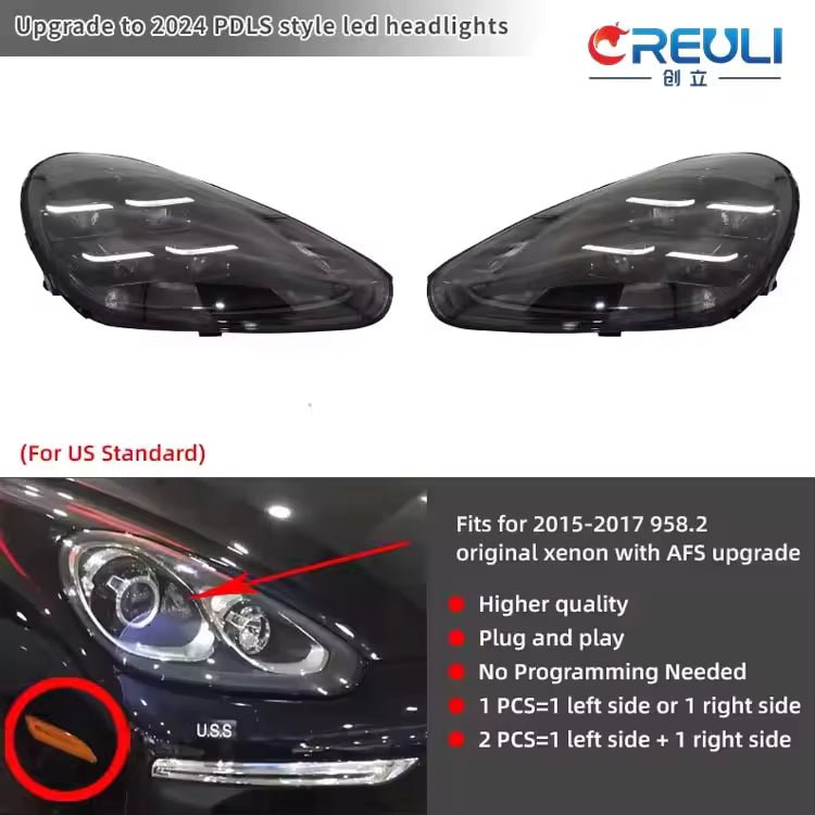 Vekto 2024 PDLS Matrix style LED headlights for Porsche Cayenne 958.2 2015-2017 showing sleek design and advanced lighting features