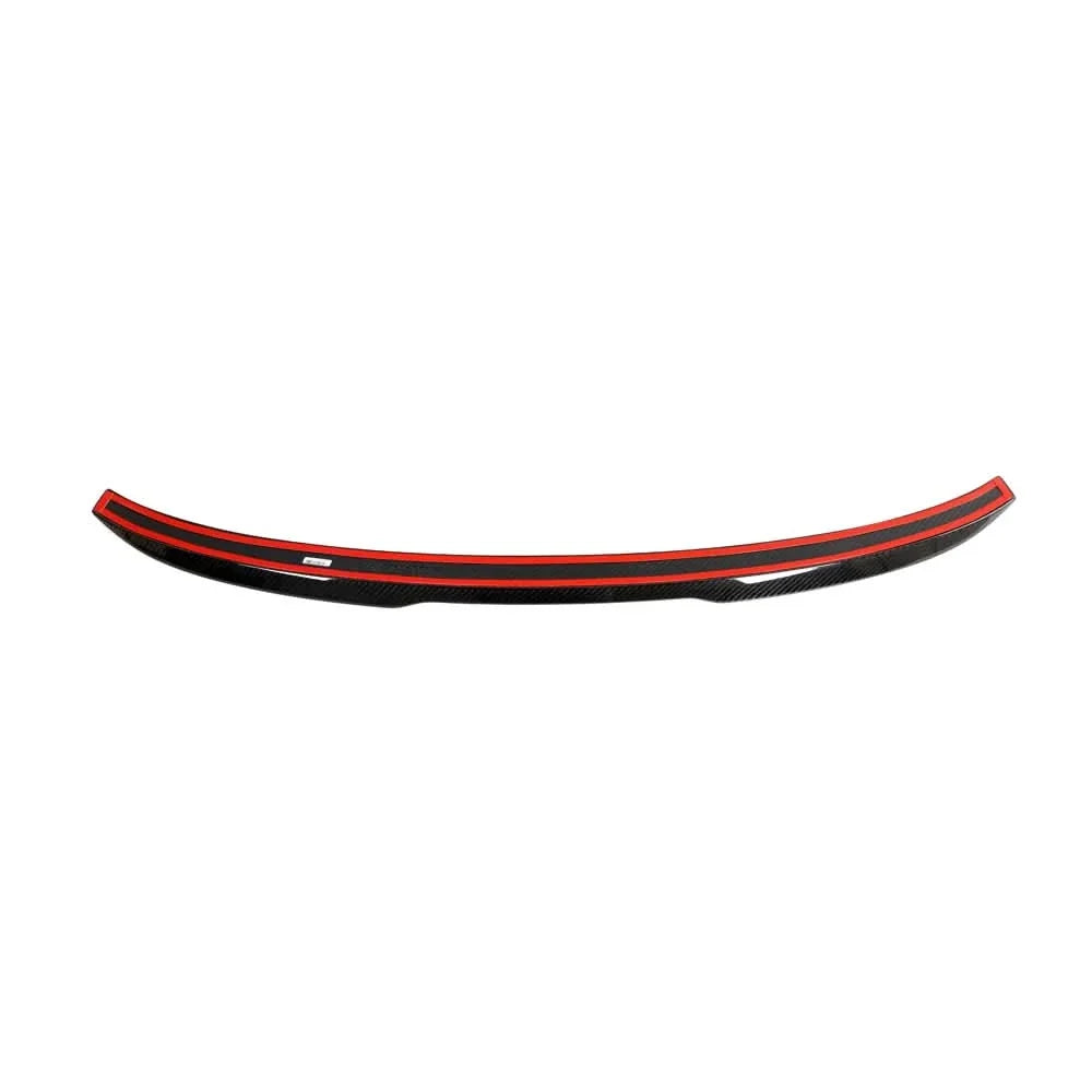 Dry carbon fiber M Style trunk spoiler for BMW G82 G83 M4 and G22 430i by K2 Industries, showcasing sleek aerodynamic design.