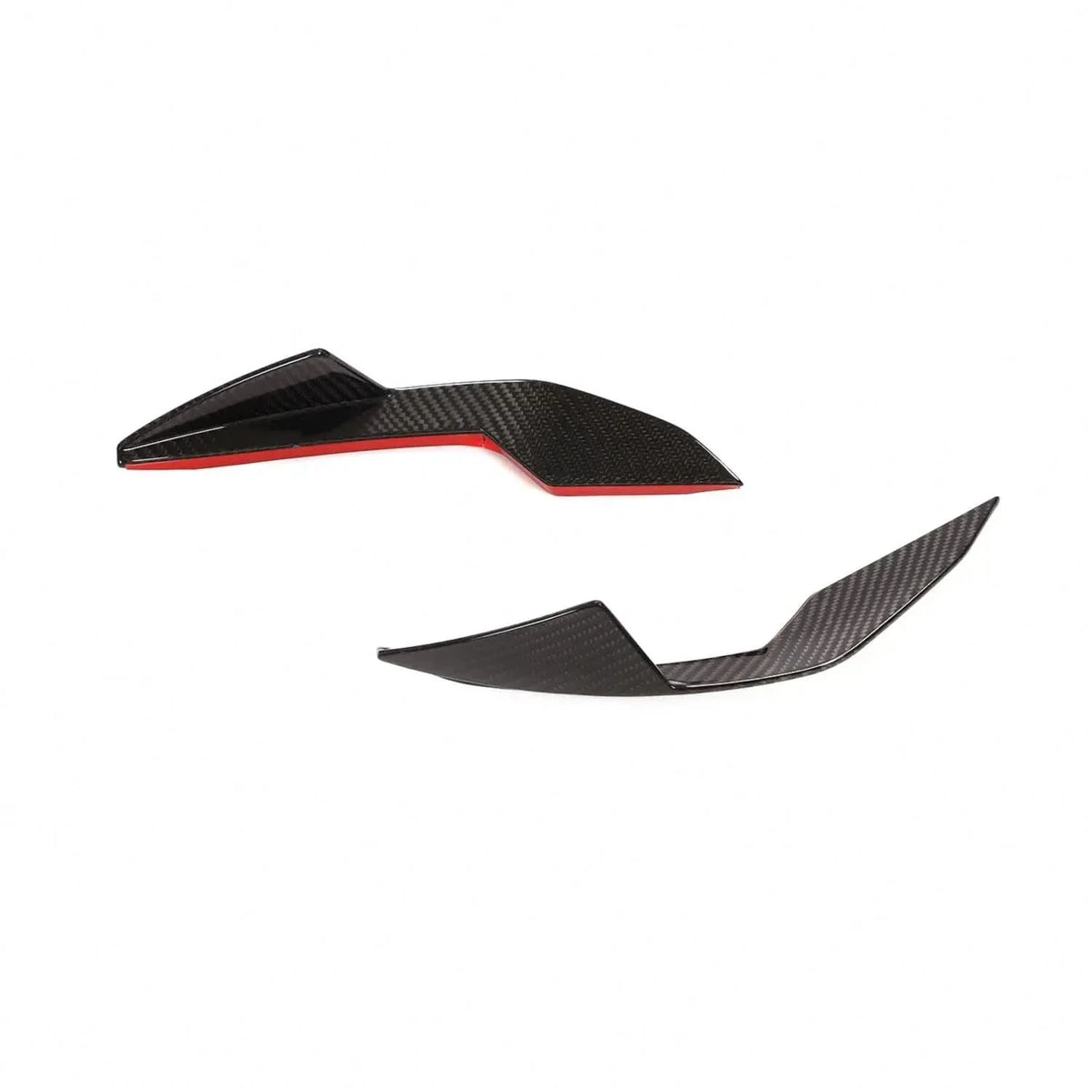 Pair of dry carbon fiber front bumper canards for BMW G80 M3 and G82/G83 M4 Competition by K2 Industries, showcasing sleek aerodynamic fins.