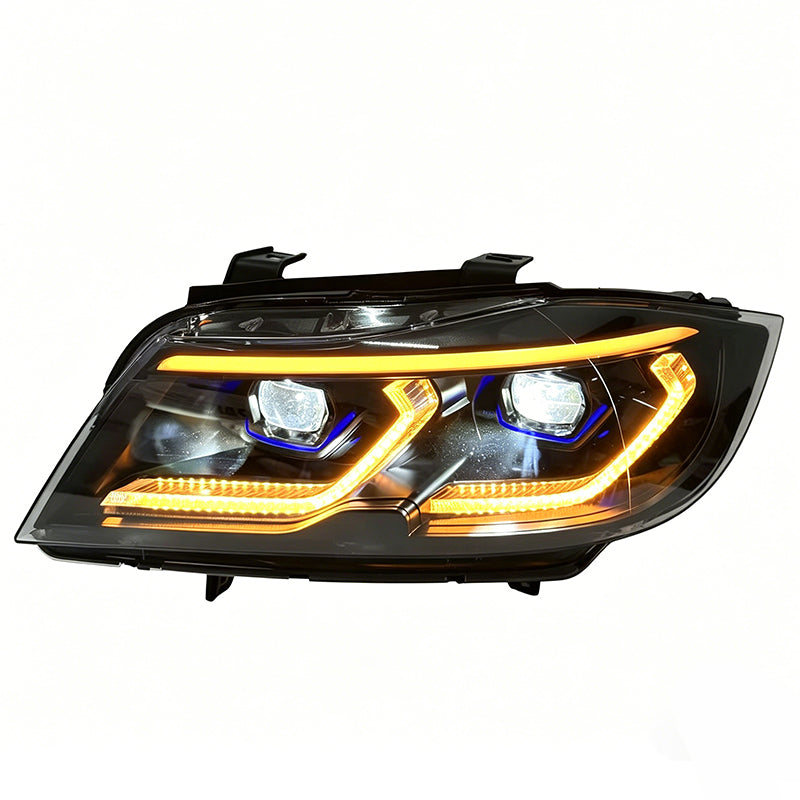 BMW E90 headlights with smoked tri-color DRL LED upgrade, Vekto brand, for 2005–2011 model with modern lighting design