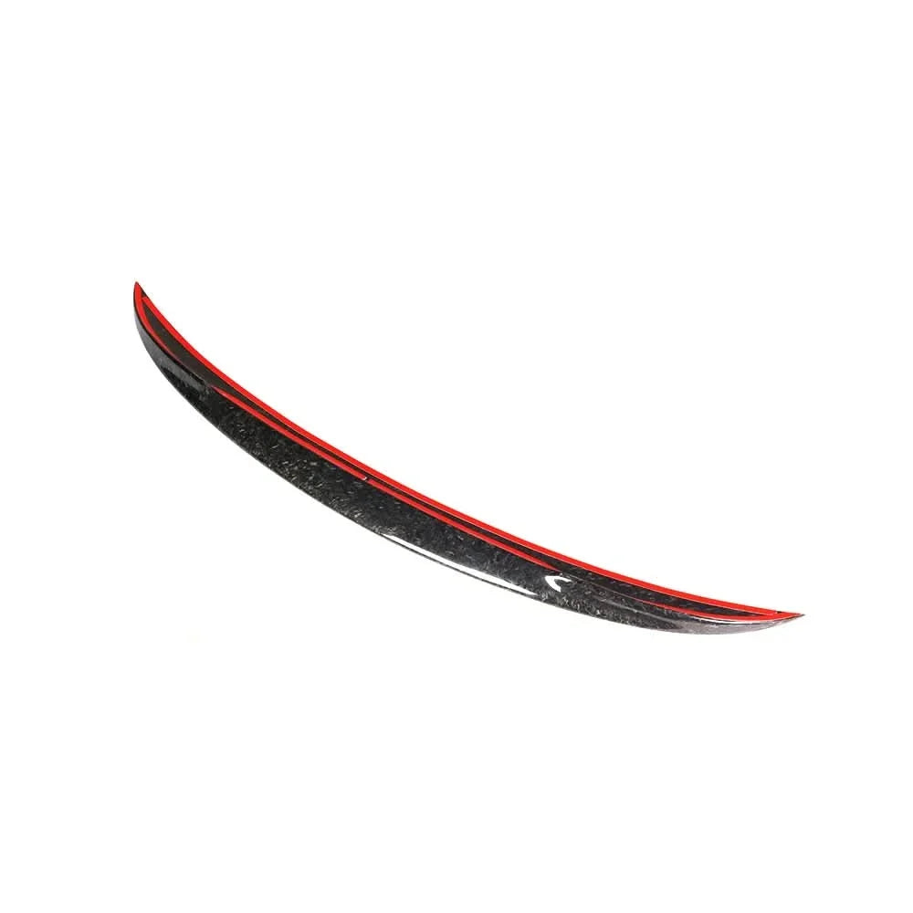 Forged carbon fiber P-style rear trunk spoiler for BMW F30 F80 M3 sedan by K2 Industries, showing sleek aerodynamic design.