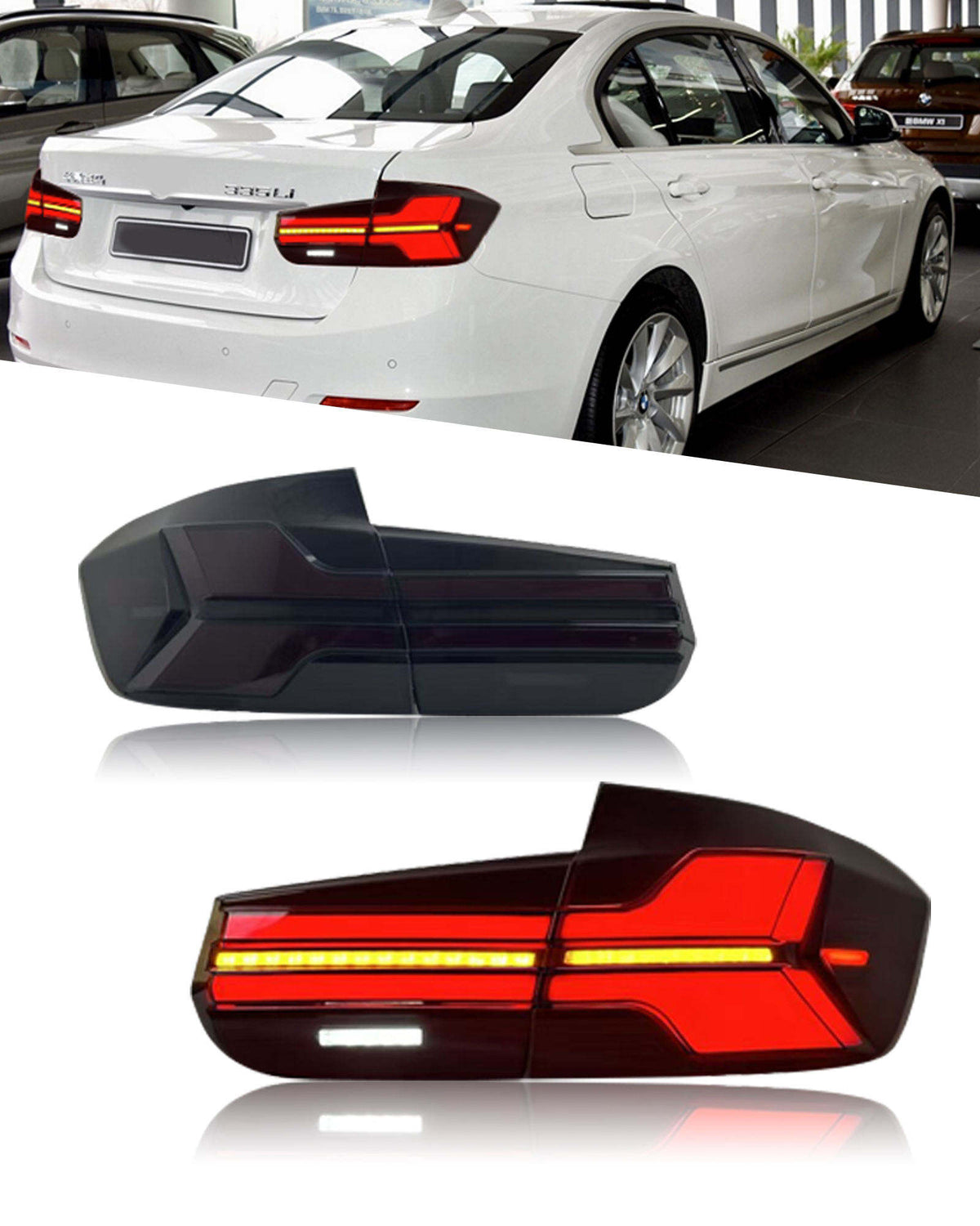 Vekto LED tail lights for BMW F30 and F35 3 Series 2013-2019, showing the sleek illuminated rear light design.