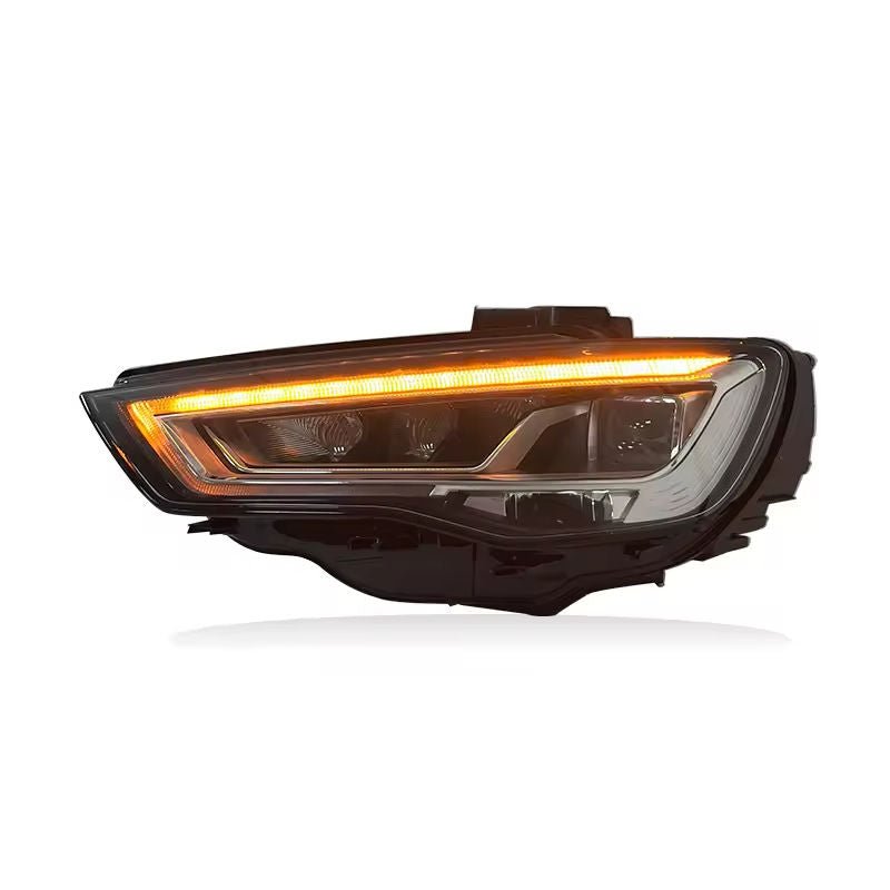 Vekto full LED headlight assembly for Audi A3 S3 2013-2016, plug-and-play design with clear lens and LED light strips.