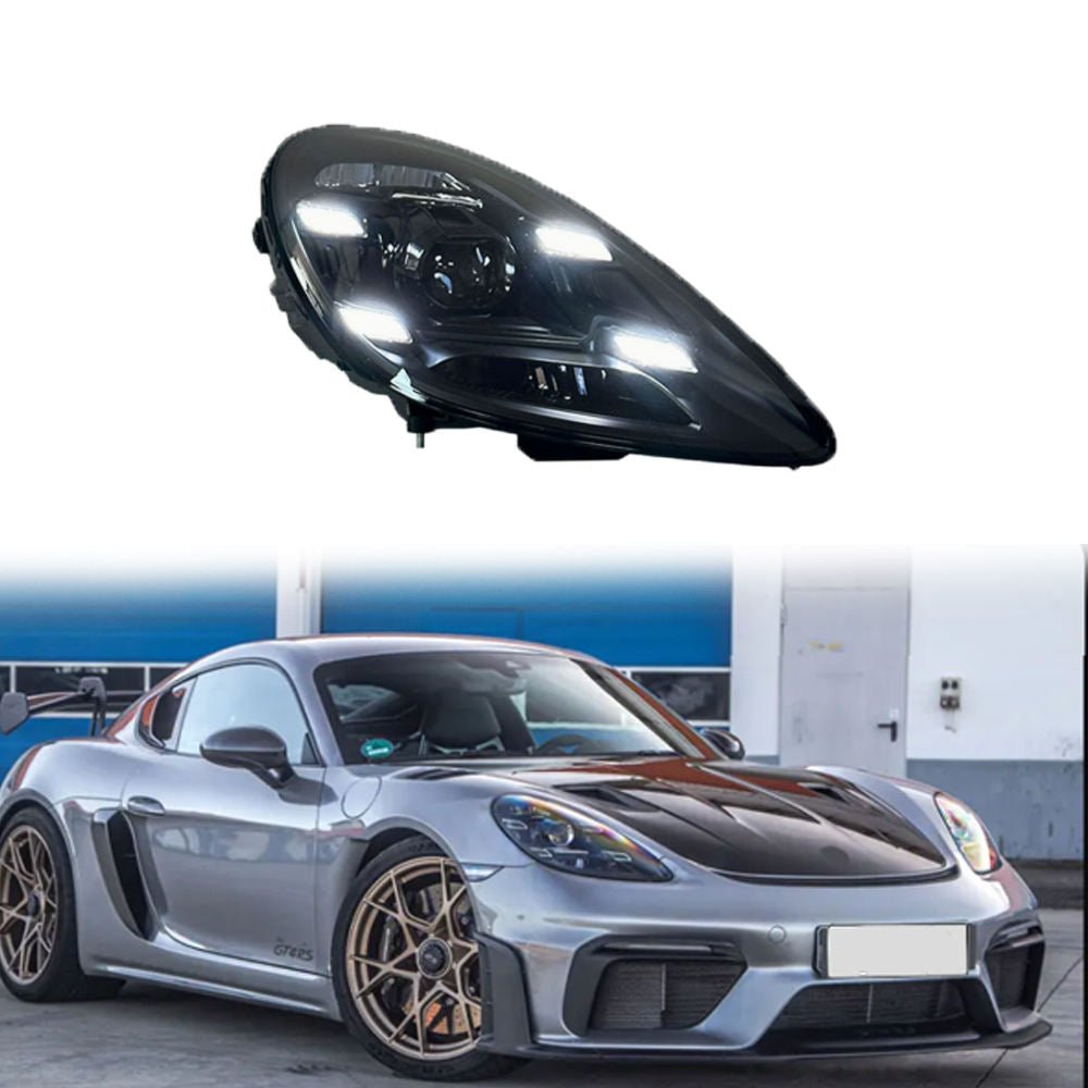 Vekto LED headlights for Porsche 718 Cayman and Boxster 982/982C 2016-2024, showing sleek headlight design and bright illumination