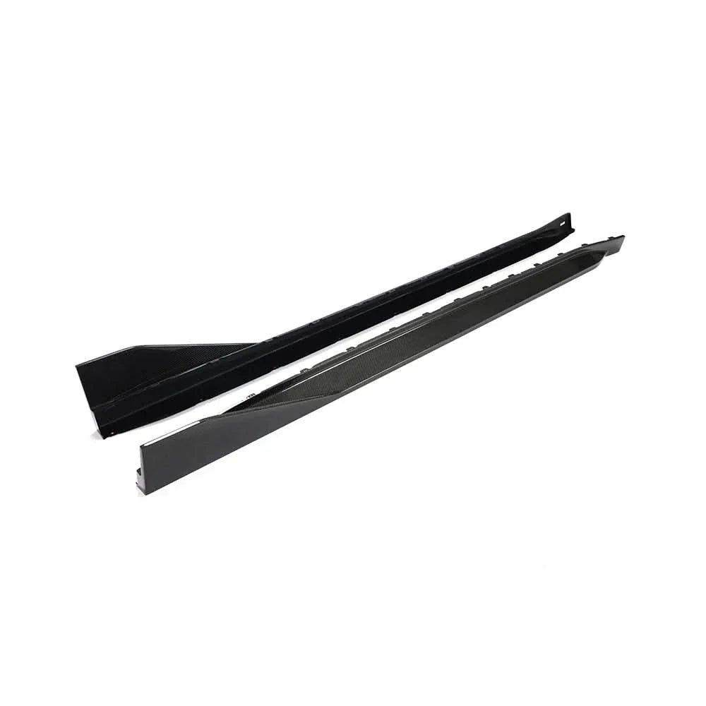 Carbon fiber side skirt extensions for BMW G82 and G83 M4 by K2 Industries, showcasing sleek, aerodynamic design.