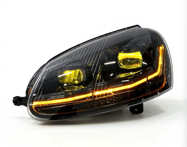 Vekto LED headlights assembly for Volkswagen Golf 5 (2003–2008), showing the headlight unit with bright LED bulbs and clear lens.