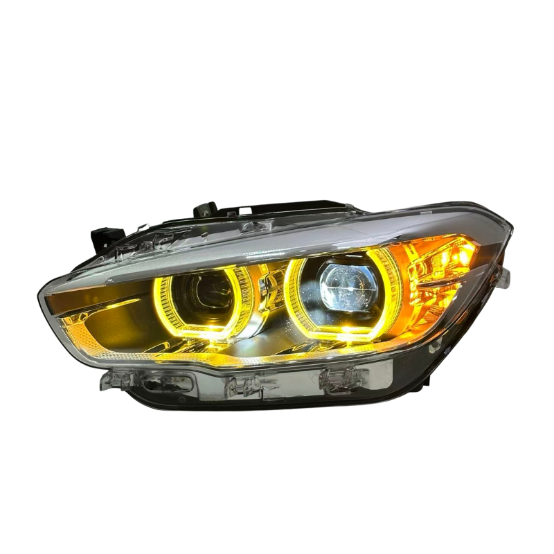 Vekto dual-color LED headlights for BMW F20 1 Series 2015-2018, showcasing bright headlight beams and sleek design.