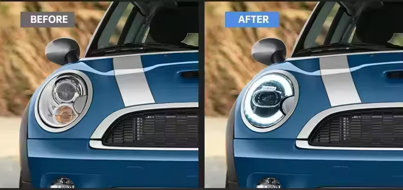 Vekto LED headlights assembly for BMW MINI R55 R56 R57 2007-2013, showing the front view with clear lens and LED lighting elements.
