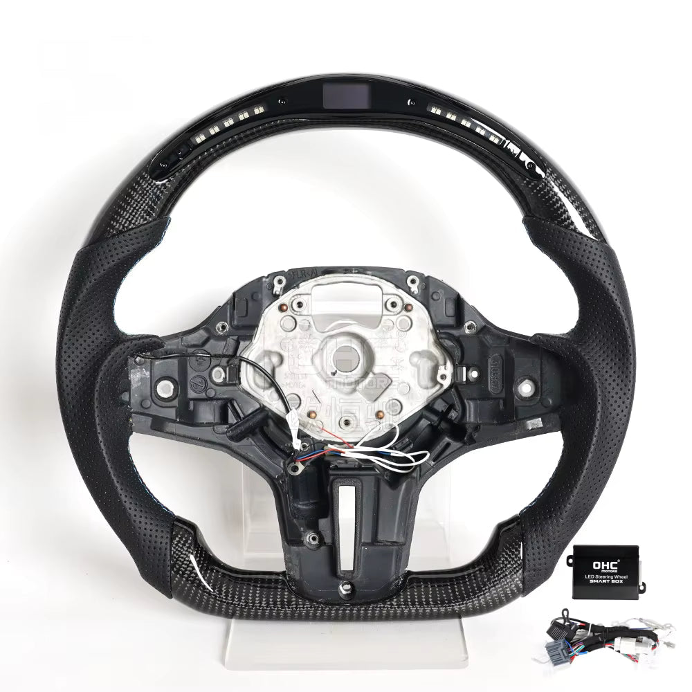 Vekto M Sport carbon fiber heated LED steering wheel for BMW G Series F90 2018+, showing close-up of leather and fiber detailing
