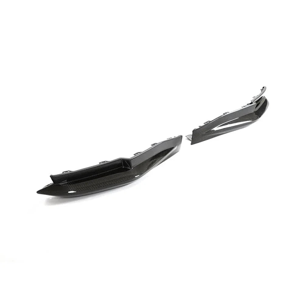 Carbon fiber rear bumper splitters for BMW G80 M3 Competition by K2 Industries, showing sleek, lightweight aerodynamic design.