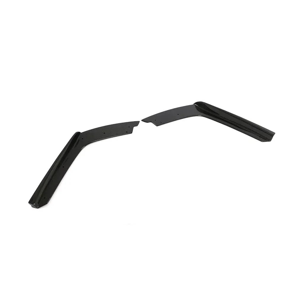 Gloss carbon fiber front splitter for BMW F80 M3 and F82 F83 M4 by K2 Industries, performance style, aerodynamic design.