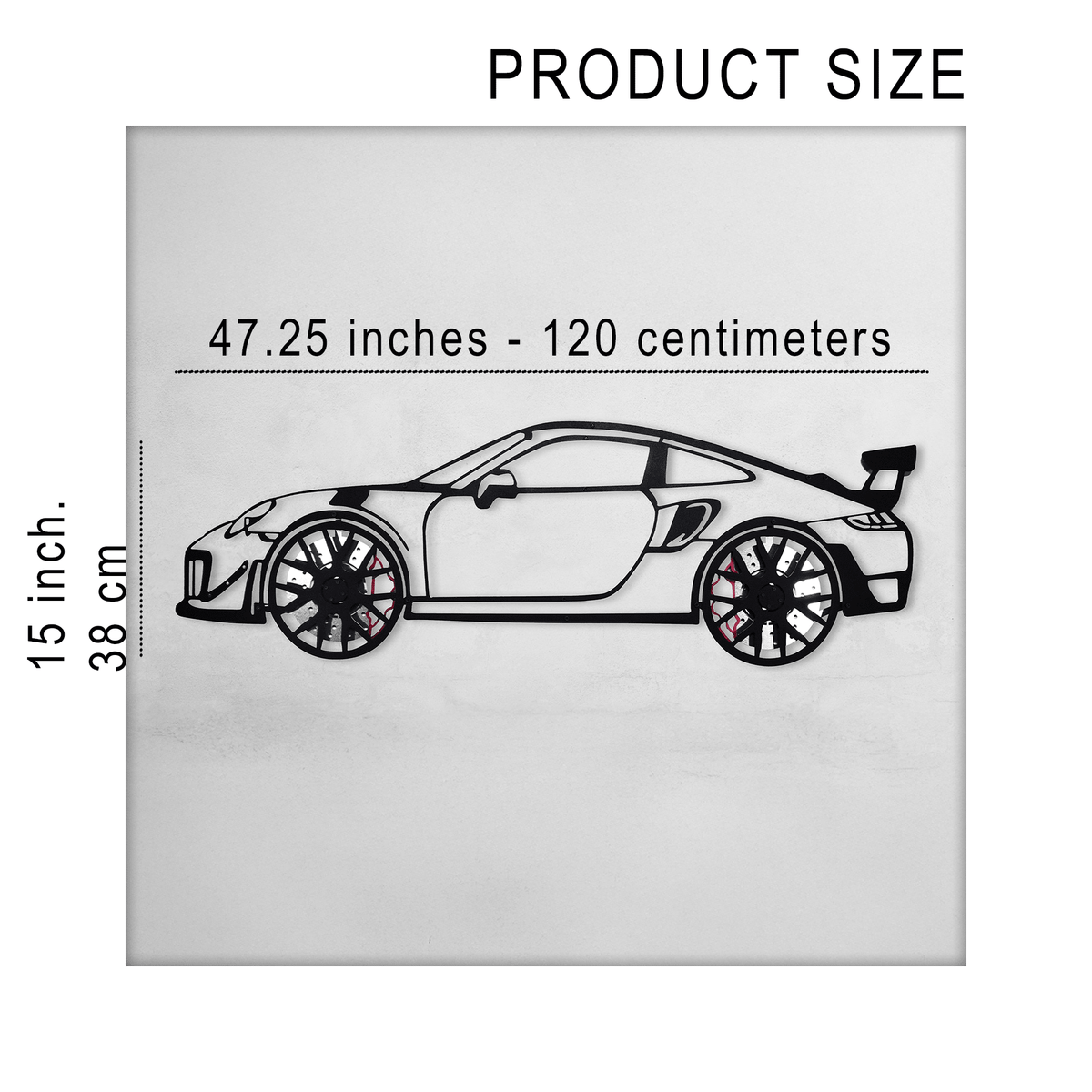 Steel cut metal wall art of a 2019 Porsche 911 GT2 RS with spinning wheels, by Enova Art.