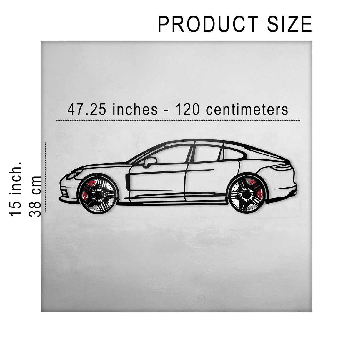 Steel silhouette of a 2022 Porsche Panamera 4S wall art by Enova Art with spinning wheels, designed for car decor.