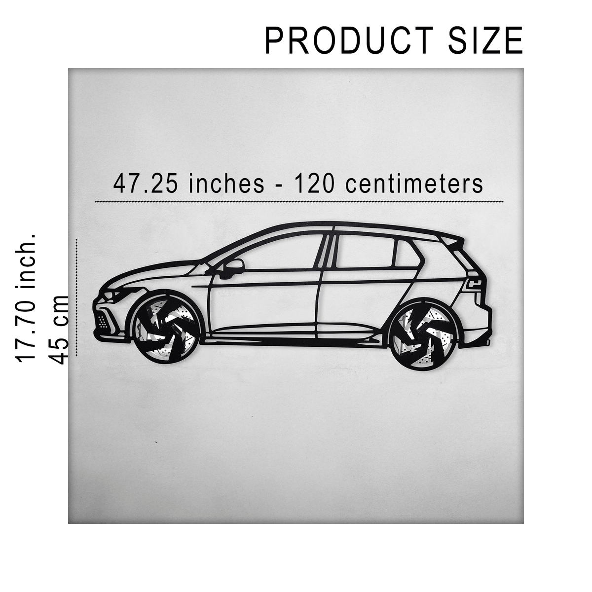 Steel silhouette wall art of a 2022 Volkswagen Golf GTI with spinning wheels, by Enova Art.