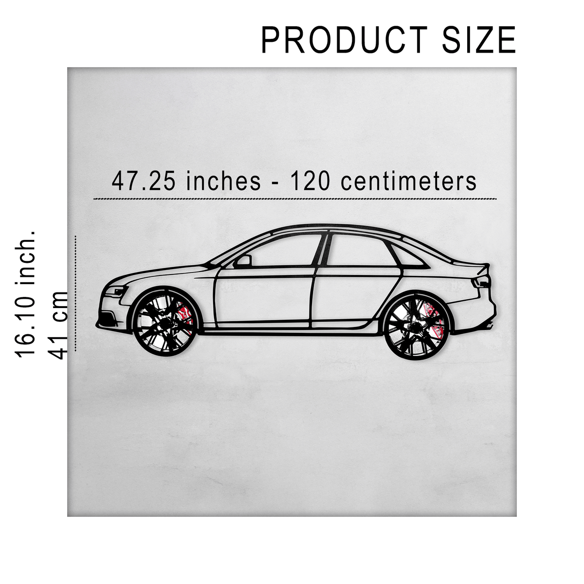 Steel silhouette wall art of an Audi S4 with spinning wheels, crafted by Enova Art, designed for car enthusiasts.