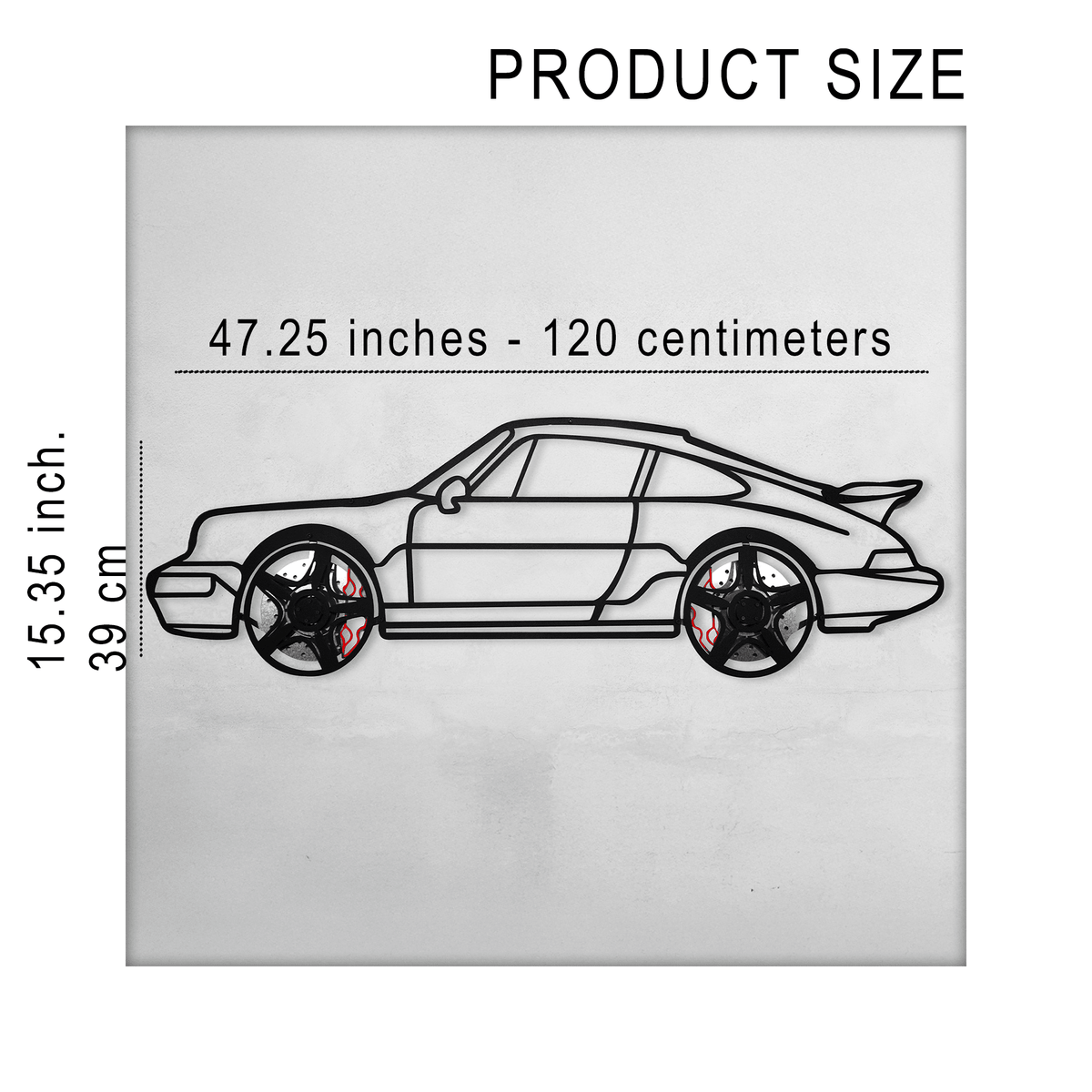 Metal Porsche 911 wall art with retro steel silhouette and spinning wheels, by Enova Art.
