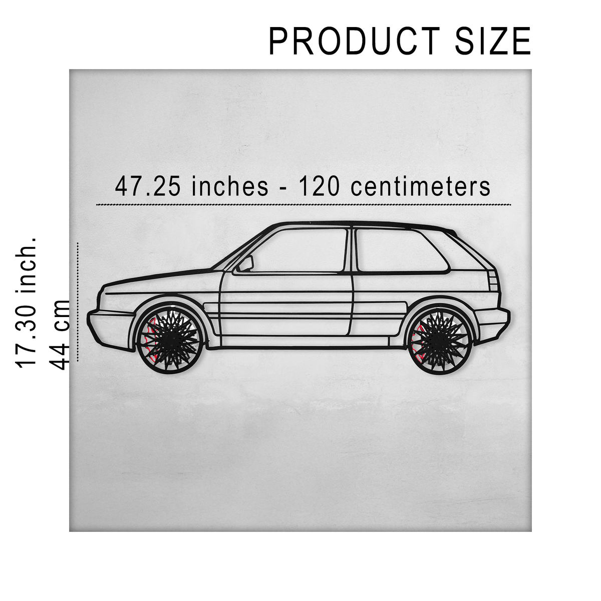 Volkswagen Golf Mk1 wall art in metal, featuring a classic hot hatch silhouette with spinning wheels, by Enova Art.