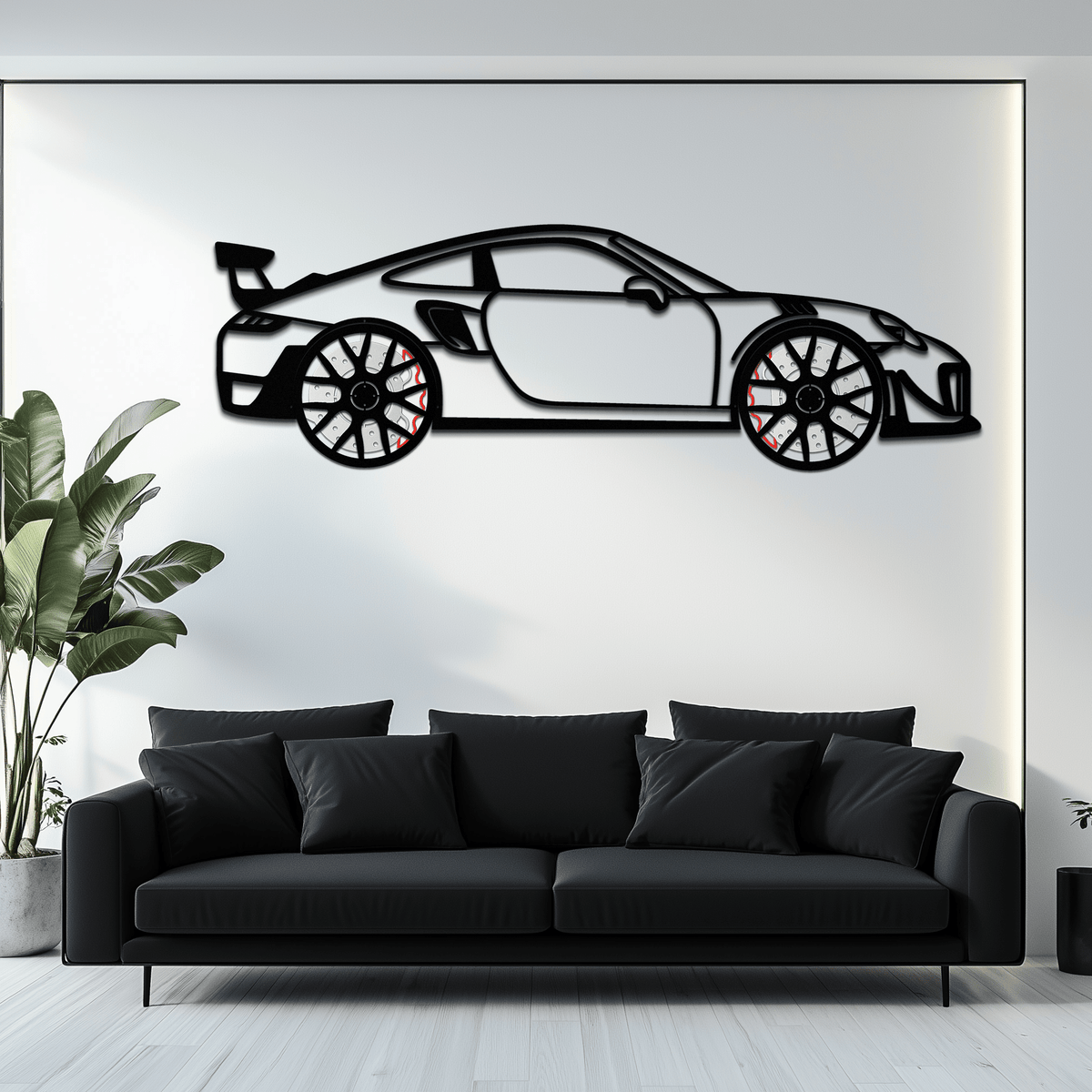 Enova Art Porsche 911 GT2 metal wall art featuring a rotating wheel motorsport silhouette, ideal for car enthusiasts.