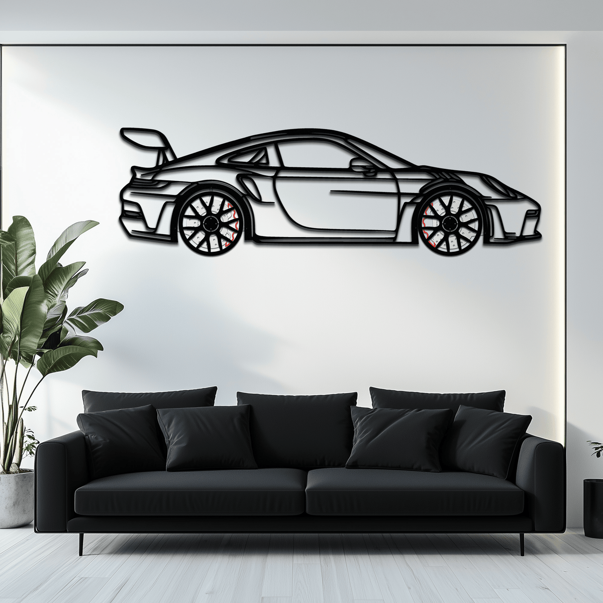 Enova Art Porsche GT3 RS style metal wall art featuring a rotating wheel car silhouette, perfect for Porsche car enthusiasts.