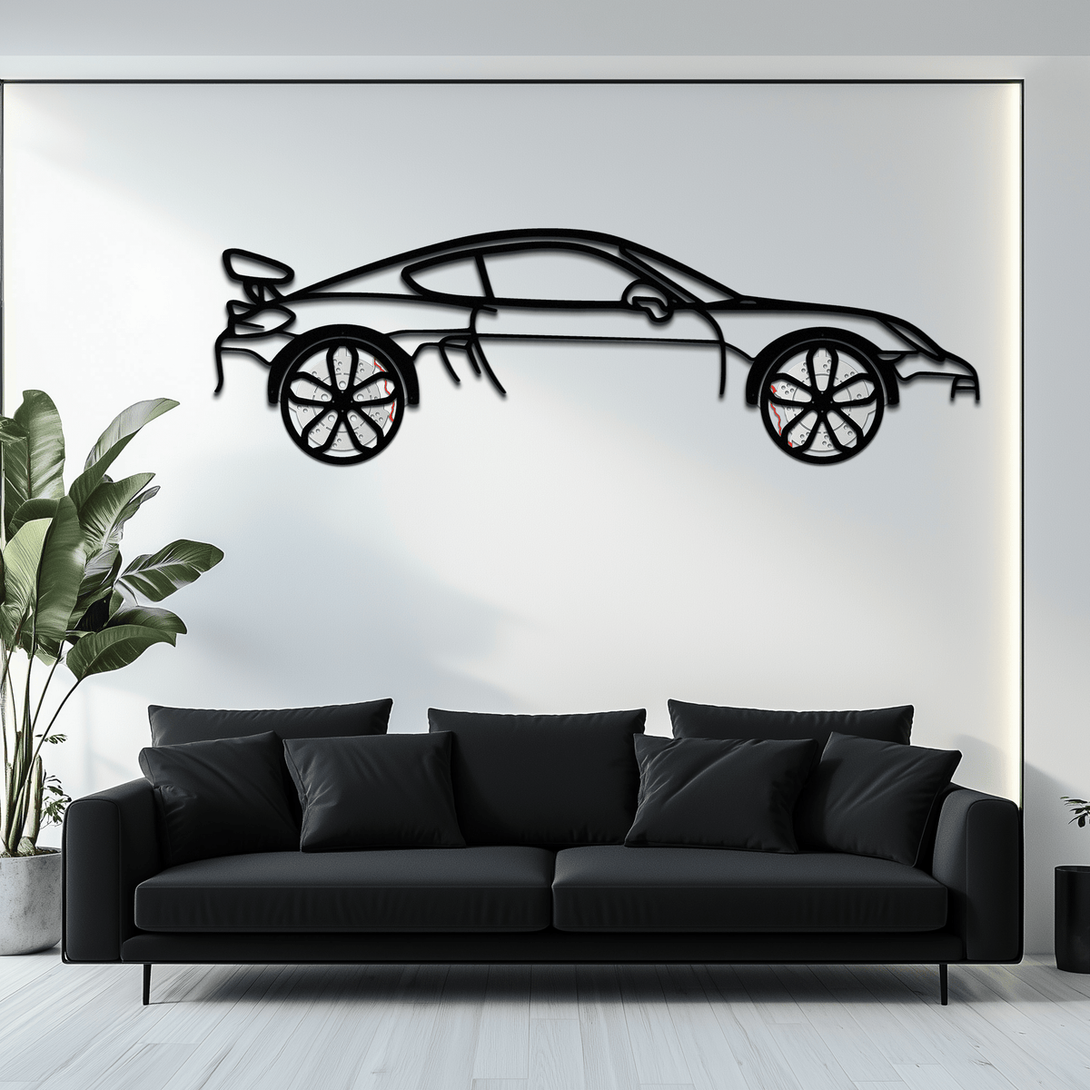 Enova Art Porsche 911 GT2 metal wall art featuring a rotating wheel silhouette, perfect for car enthusiasts' decor.