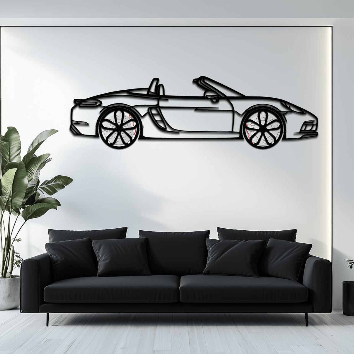 Enova Art Porsche 718 Boxster GTS metal wall art featuring rotating wheels and sleek car silhouette decor.