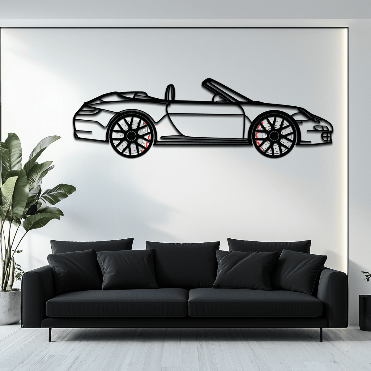 Enova Art Porsche-inspired Cabrio silhouette metal wall art featuring a rotating wheel design, perfect for garage decor.