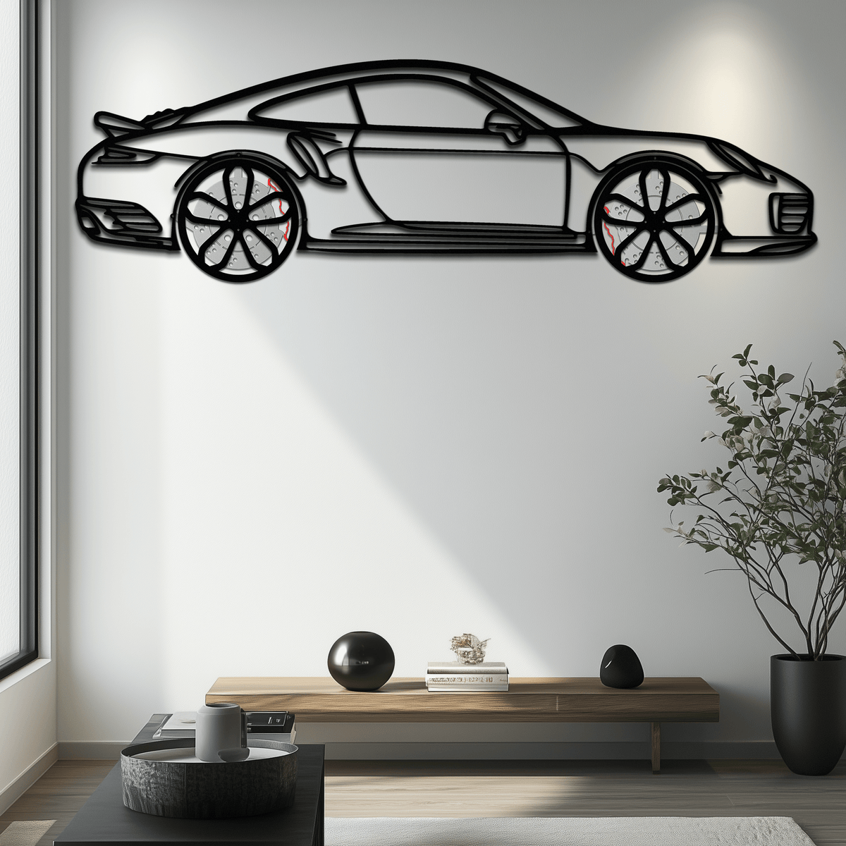 Porsche 911 Turbo S silhouette metal wall art by Enova Art, featuring a detailed model image of the automotive decor piece.