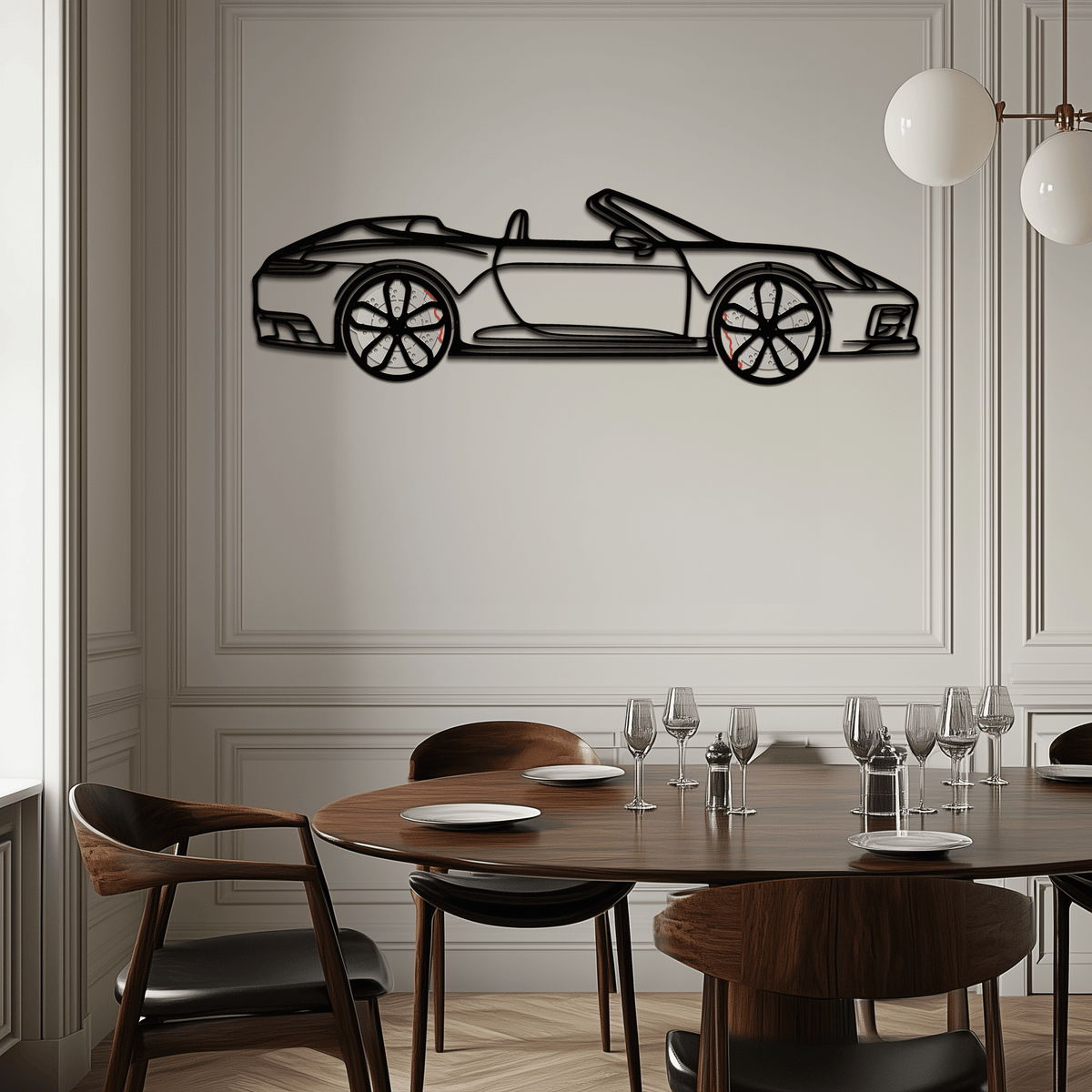 Enova Art Porsche 911 (992) convertible metal wall art featuring a sleek silhouette and a rotating wheel design.