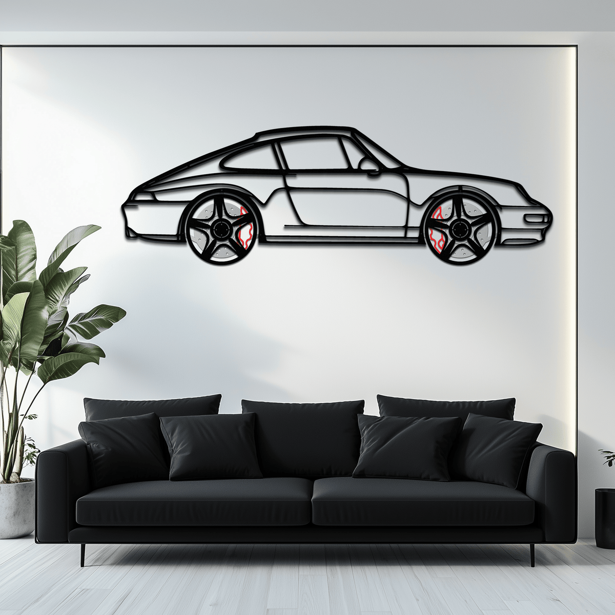 Porsche 911 (993) silhouette metal wall art by Enova Art, featuring a classic sports car with rotating wheels for automotive décor.