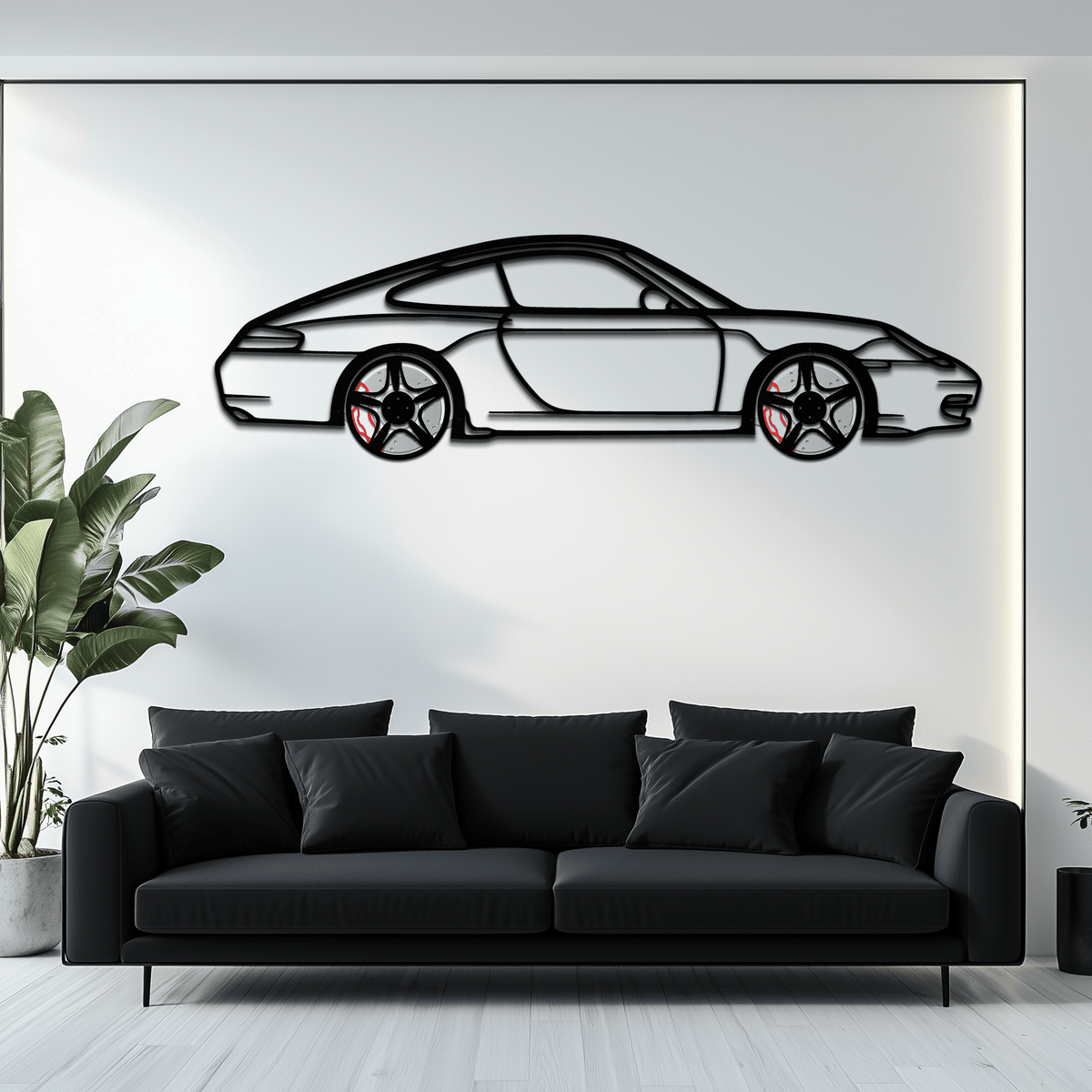 Enova Art Porsche 911 (996) metal wall art with rotating wheels, modern classic car silhouette for stylish home decor.