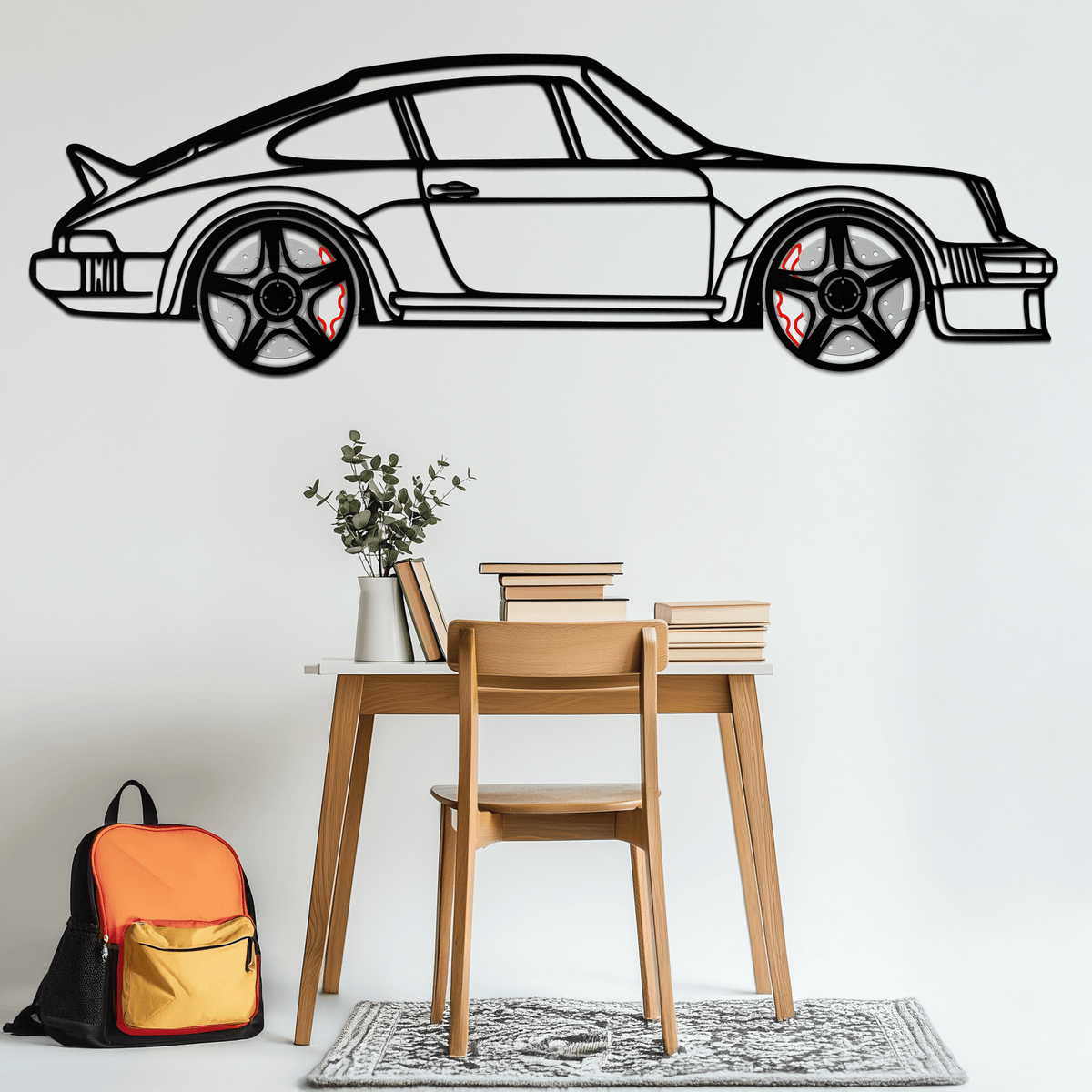 Enova Art Porsche 911 SC metal wall art featuring a classic silhouette with rotating wheels, ideal for car enthusiasts' decor.