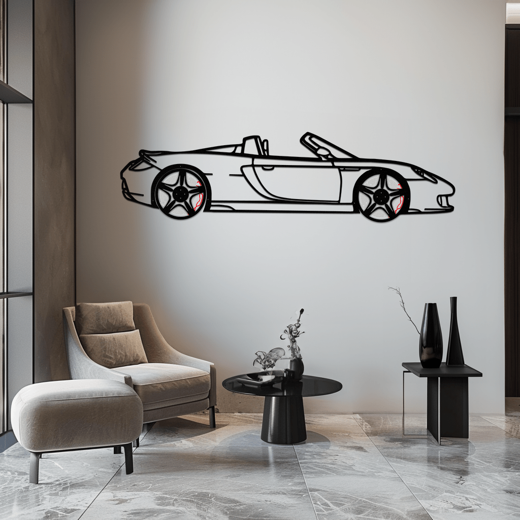 Metal wall art of a Porsche Carrera GT silhouette with rotating wheels, designed by Enova Art for modern supercar decor.