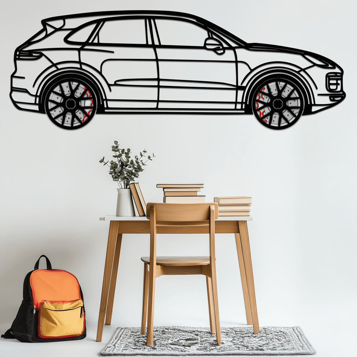 Enova Art Porsche Cayenne Turbo metal wall art featuring a luxury SUV silhouette with rotating wheels, perfect for modern car decor.