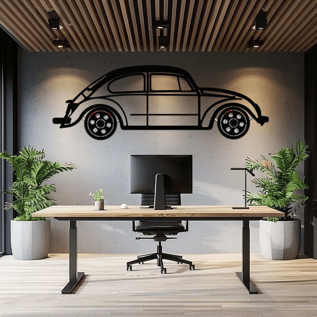 Enova Art Volkswagen Beetle metal wall art featuring a classic bug silhouette with rotating wheels, perfect for car decor.