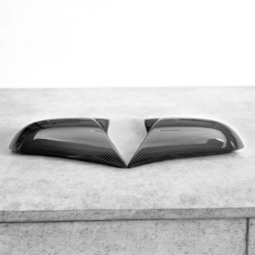 BMW F2X, F3X, F87 M2, E84 X1 carbon fiber mirror caps by Palenon Performance, showcasing sleek, glossy mirror cover design.