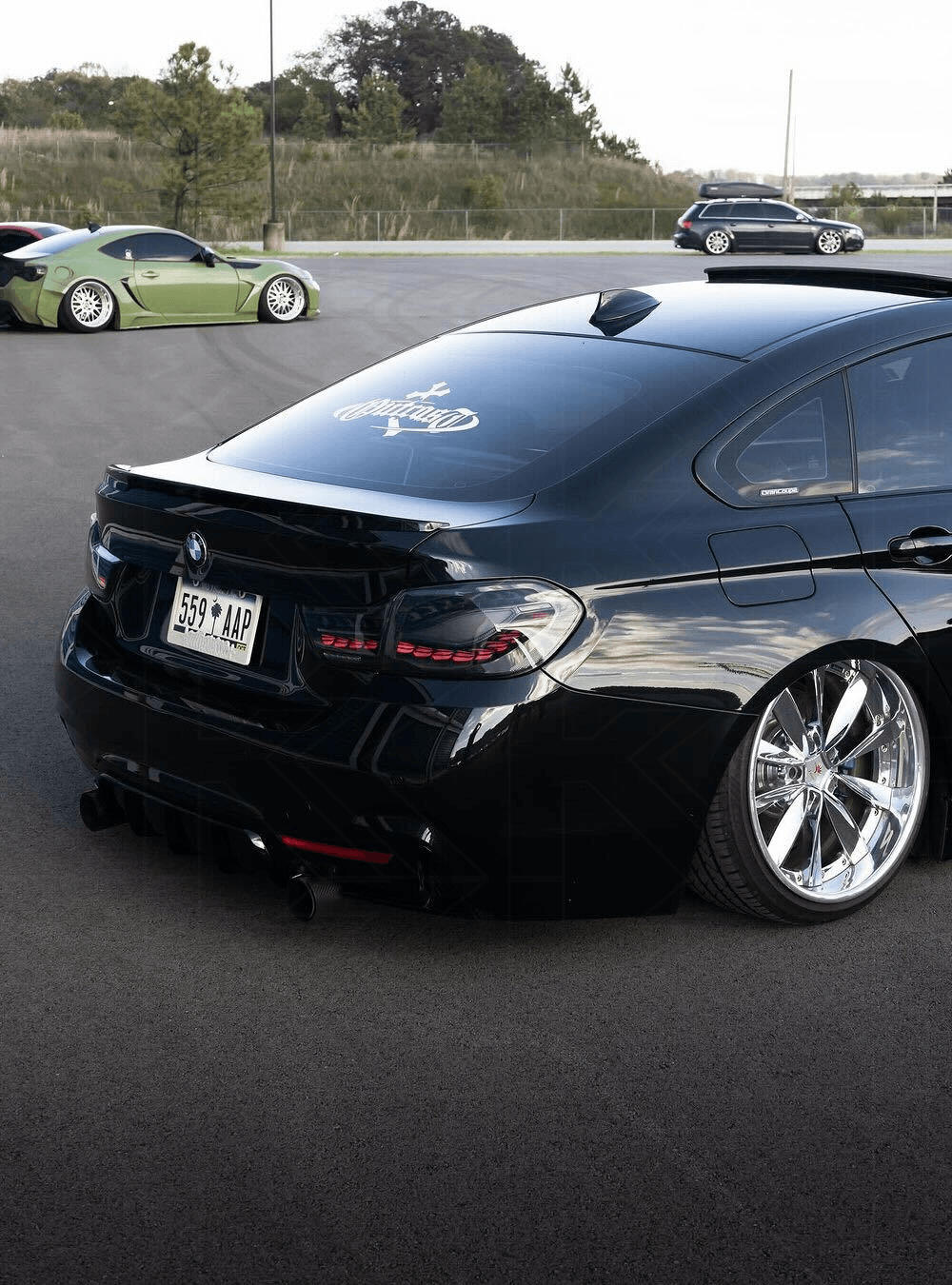 BMW 4 Series LED tail lights by K2 Industries with double dragon scale black design for F32 F36 F82 F33 F83 models (2013-2018).