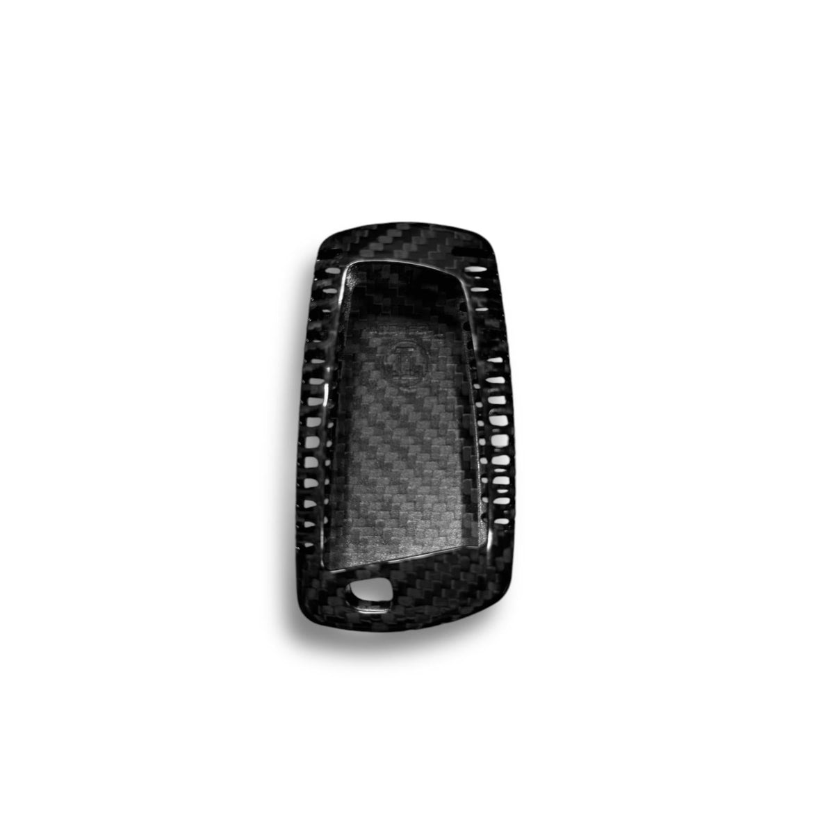 BMW X5, X6, X1 carbon fiber key cover by Palenon Performance, showcasing sleek black textured finish on a car key.