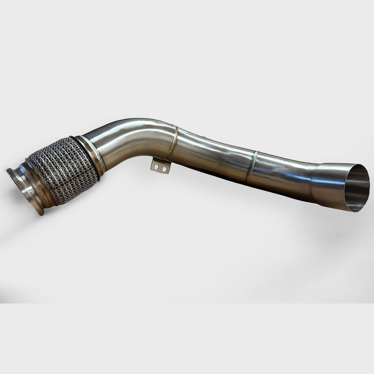BMW F90 M5 racing downpipe by Palenon Performance, showing a high-performance exhaust component with sleek metal finish.