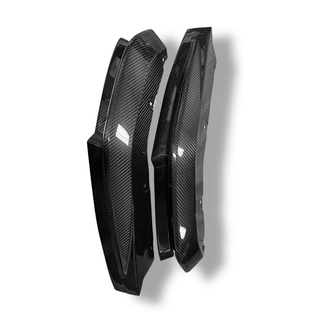 BMW G80 M3 and G82/G83 M4 carbon fiber OEM rear canard splitter flaps from Palenon Performance, shown on vehicle.