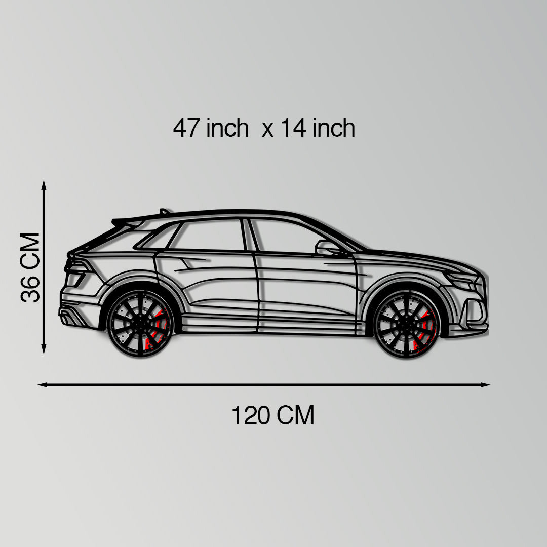 Audi Q8 Metal Car Wall Art with Rotating Wheels - Handmade Luxury SUV Silhouette Decor - Automotive Wall Art for Petrolheads - KAFMEKA095