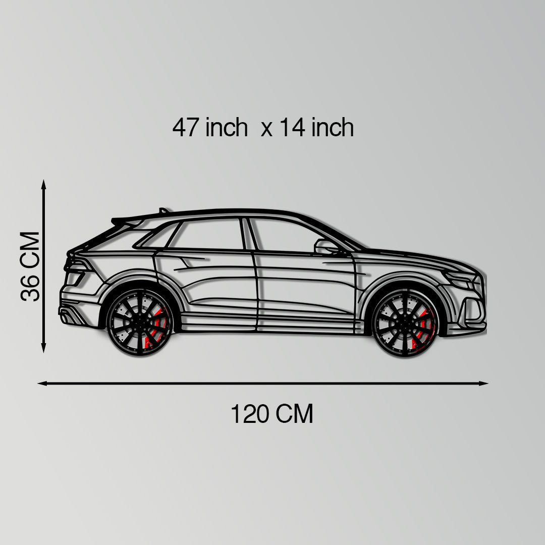 Enova Art Audi Q8 metal wall art featuring a luxury SUV silhouette with rotating wheels, handmade automotive decor for car enthusiasts.