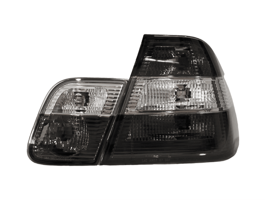 BMW 3 Series E46 sedan smoked tail lights by K2 Industries, showing close-up of dark tinted rear lighting for 1999-2001 models.