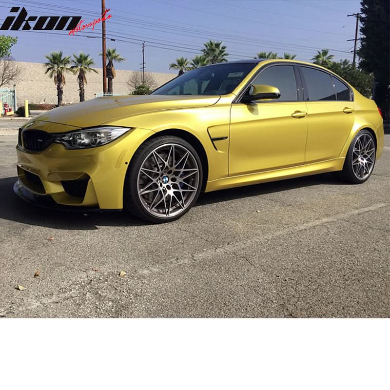 K2 Industries GT style PU front bumper chin lip spoiler on a 2015-2020 BMW F80 M3 and F82 M4, enhancing sporty look.