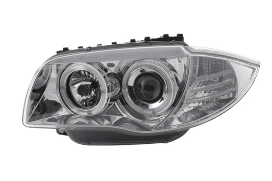 BMW 1-series E81 E82 E87 E88 chrome angel eyes headlights set by K2 Industries, showing the front view with chrome accents.