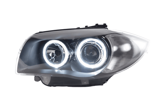 BMW 1-Series E81/E82/E87/E88 LED Headlights with Angel Eyes by K2 Industries, shown with illuminated circular angel eye rings.